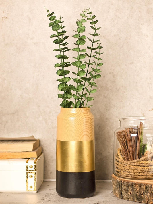 Stylish Ceramic Vase - Wooden, White & Golden, Contemporary Design