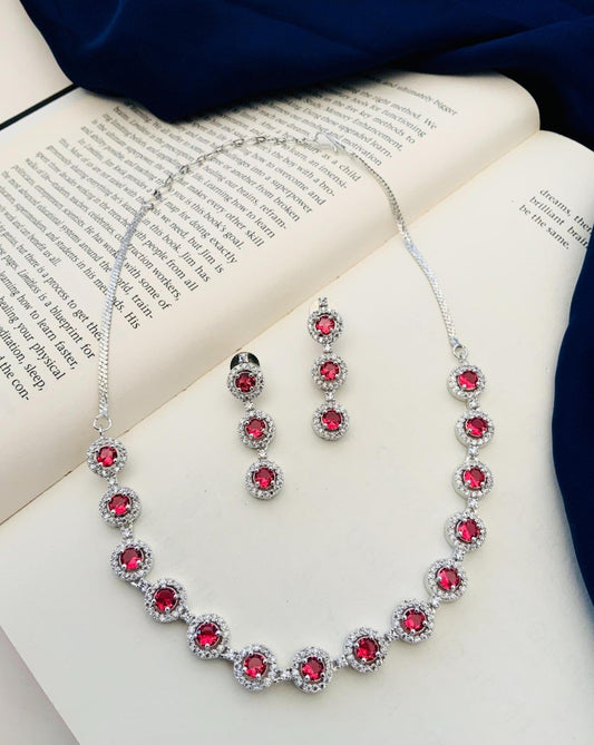 Red Silver Plated Diamond Necklace Set