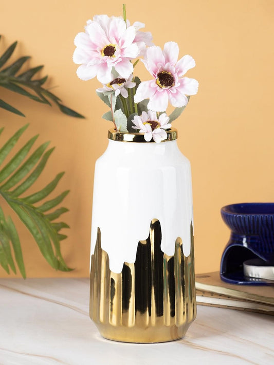 Ceramic White +Gold Cylindrical Vase