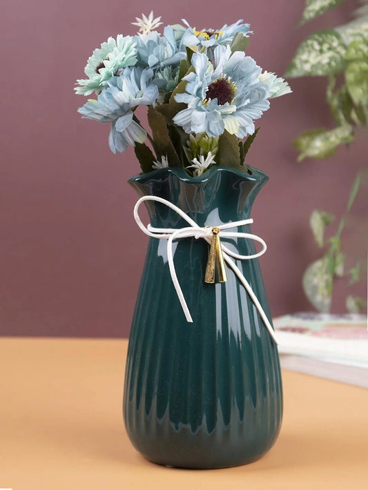 Vase with Tassel, Floral Mouth, Deep Green, Ceramic